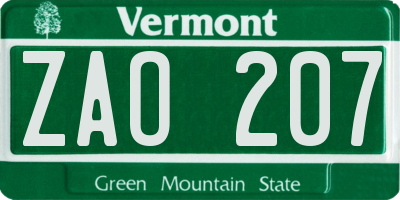 VT license plate ZAO207