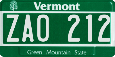 VT license plate ZAO212