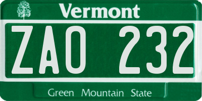 VT license plate ZAO232