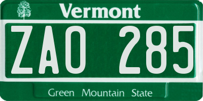 VT license plate ZAO285