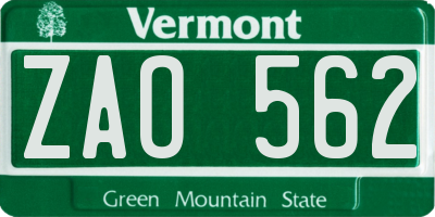 VT license plate ZAO562