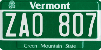 VT license plate ZAO807