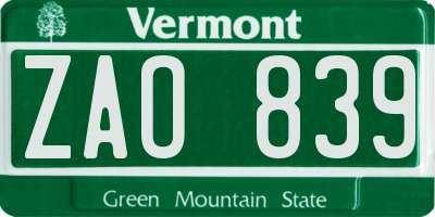 VT license plate ZAO839