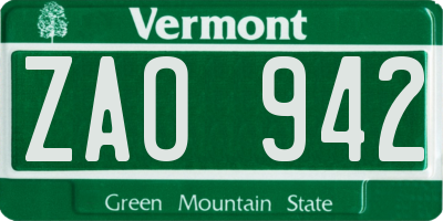 VT license plate ZAO942
