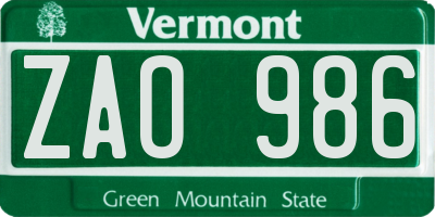 VT license plate ZAO986