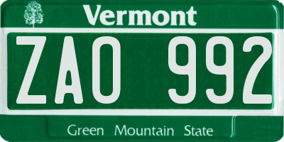 VT license plate ZAO992