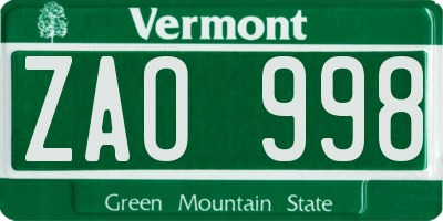 VT license plate ZAO998