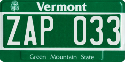 VT license plate ZAP033