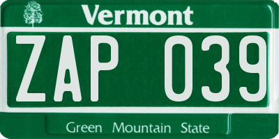 VT license plate ZAP039