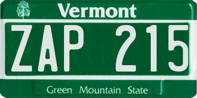 VT license plate ZAP215