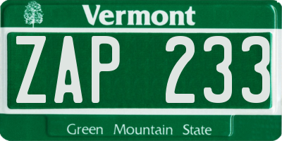 VT license plate ZAP233