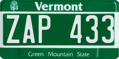 VT license plate ZAP433