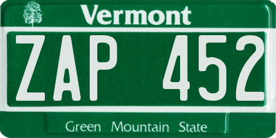 VT license plate ZAP452