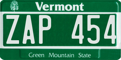 VT license plate ZAP454