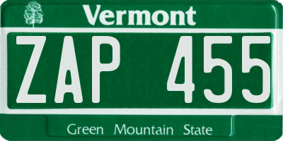 VT license plate ZAP455