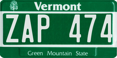 VT license plate ZAP474