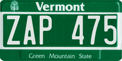 VT license plate ZAP475