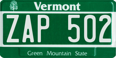 VT license plate ZAP502