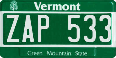 VT license plate ZAP533
