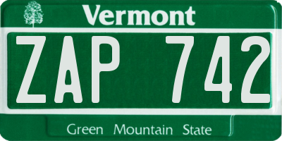 VT license plate ZAP742