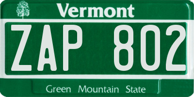VT license plate ZAP802