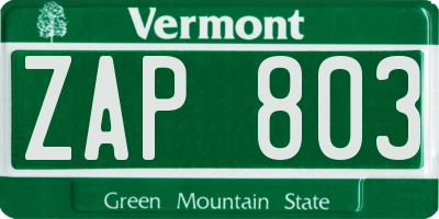 VT license plate ZAP803