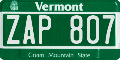 VT license plate ZAP807