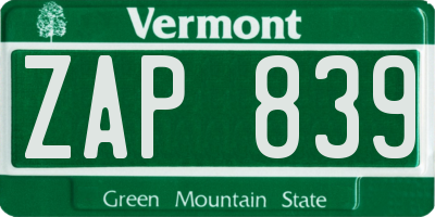 VT license plate ZAP839