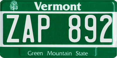 VT license plate ZAP892