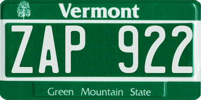 VT license plate ZAP922