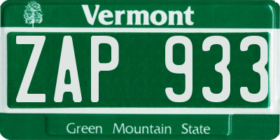 VT license plate ZAP933
