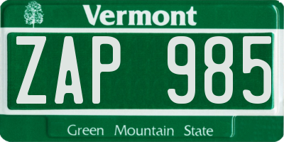VT license plate ZAP985