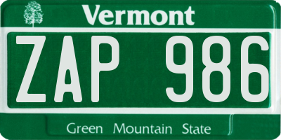 VT license plate ZAP986