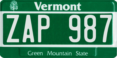 VT license plate ZAP987