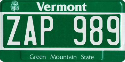 VT license plate ZAP989