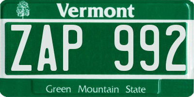 VT license plate ZAP992