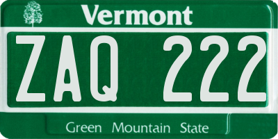 VT license plate ZAQ222