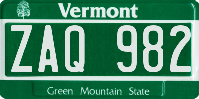 VT license plate ZAQ982