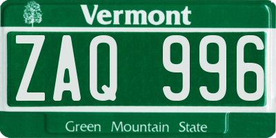 VT license plate ZAQ996