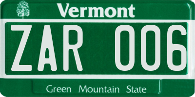 VT license plate ZAR006