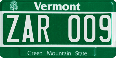 VT license plate ZAR009