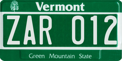 VT license plate ZAR012