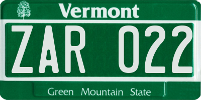 VT license plate ZAR022