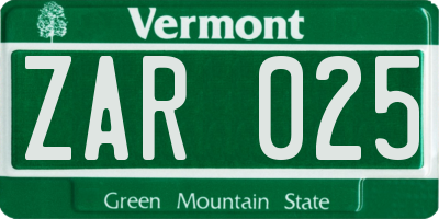 VT license plate ZAR025