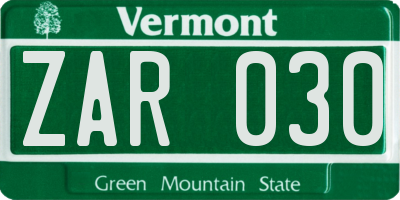 VT license plate ZAR030