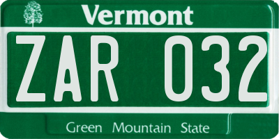VT license plate ZAR032