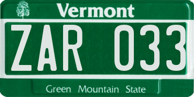 VT license plate ZAR033