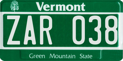 VT license plate ZAR038