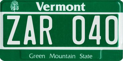 VT license plate ZAR040