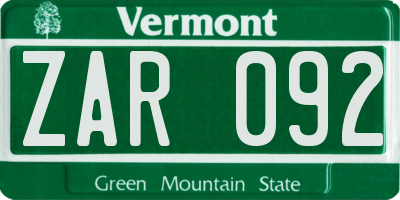 VT license plate ZAR092